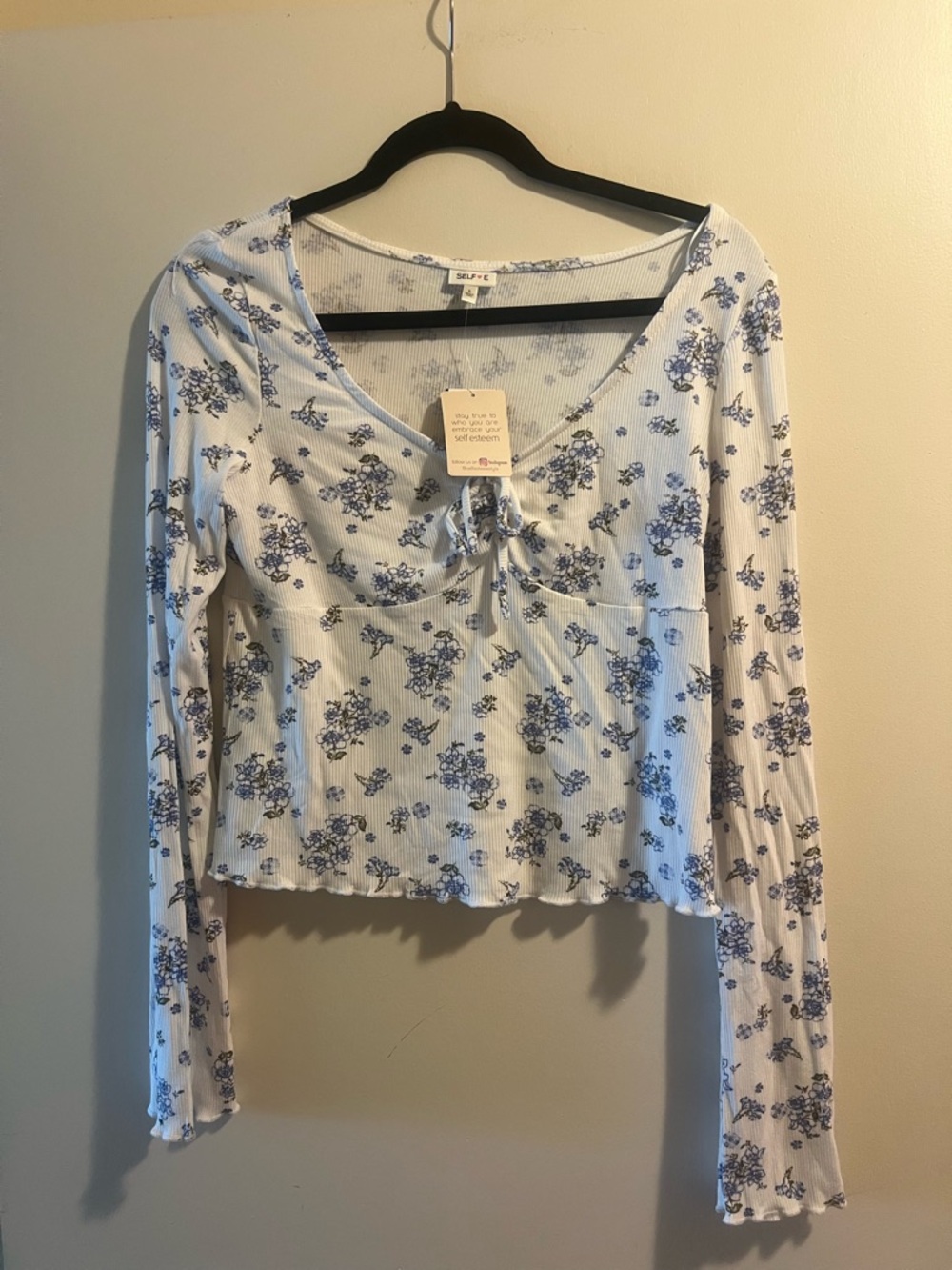 Selfie White Floral Tie-Front Long Sleeve Top